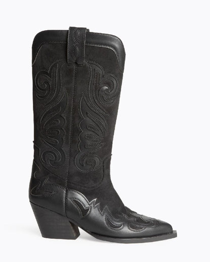Black Suede Embroidered Cowboy Boots