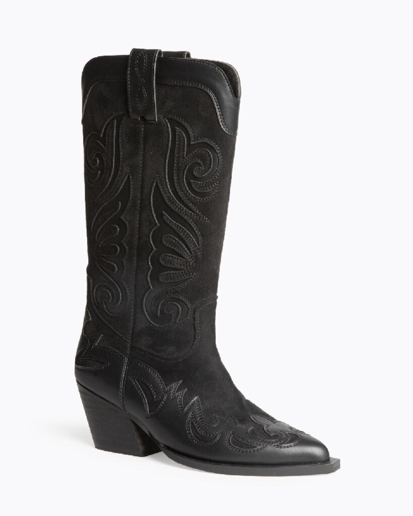Black Suede Embroidered Cowboy Boots