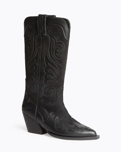 Black Suede Embroidered Cowboy Boots