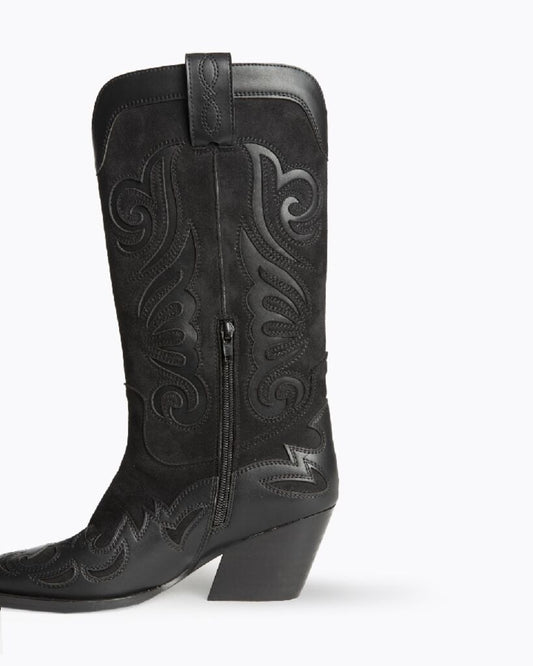 Black Suede Embroidered Cowboy Boots