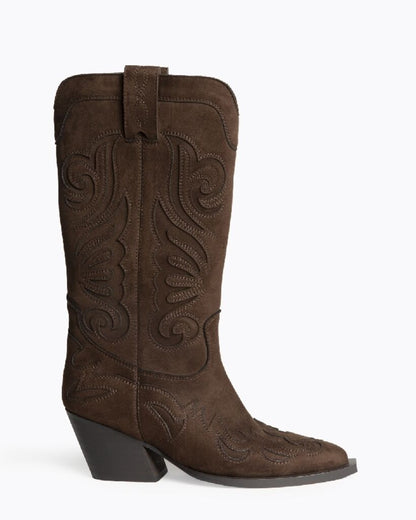 Brown Suede Western Boots with Embroidered Details