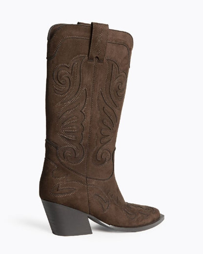 Brown Suede Western Boots with Embroidered Details