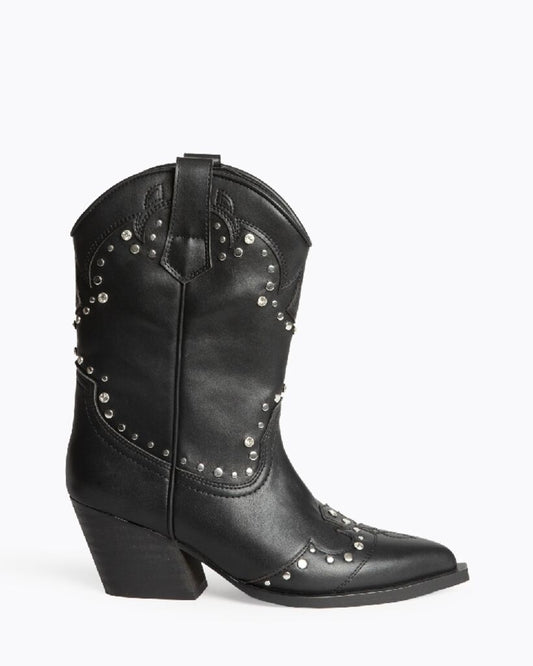 Black Studded Western Ankle Boots with Block Heel