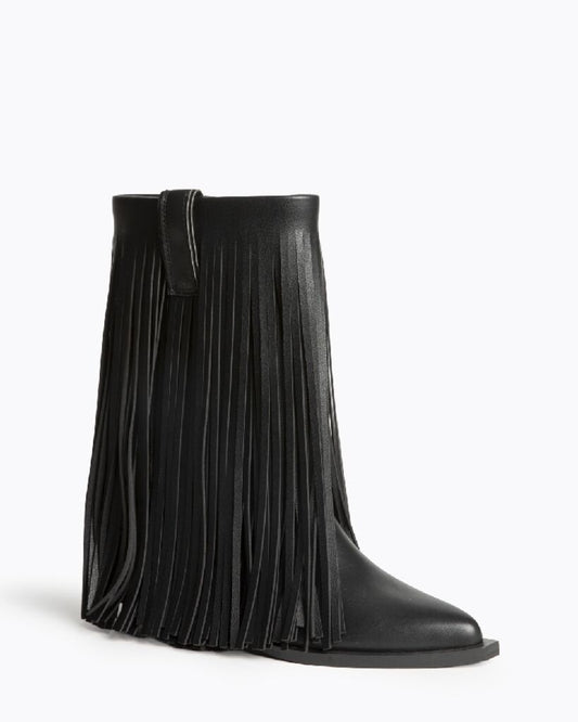 Black Fringed Open-Toe Ankle Boots