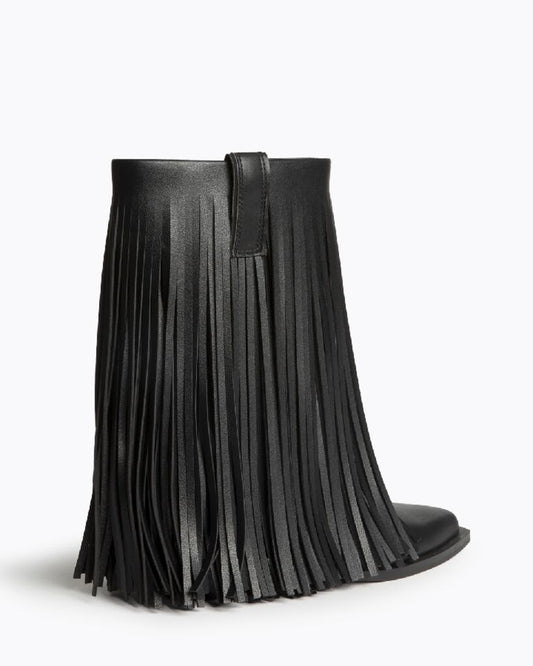 Black Fringed Open-Toe Ankle Boots