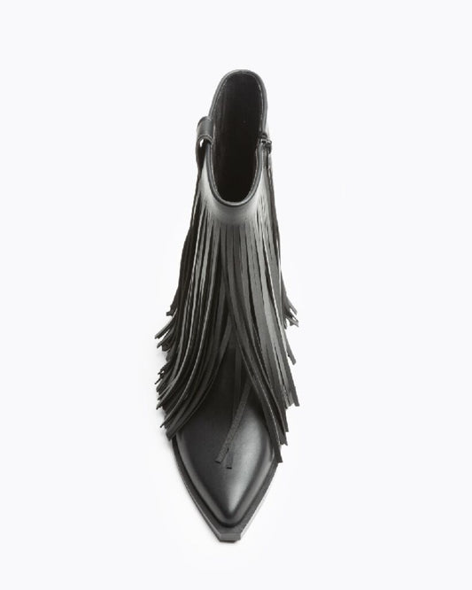 Black Fringed Open-Toe Ankle Boots