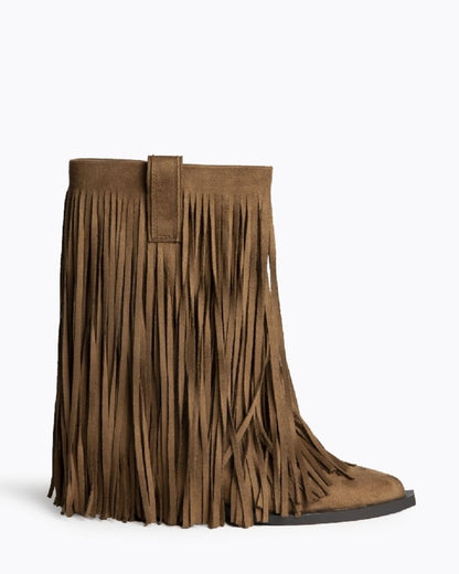 Brown Suede Fringe Boot with Unique Edge