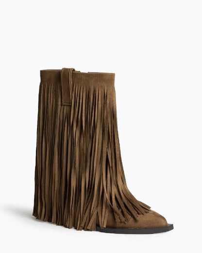 Brown Suede Fringe Boot with Unique Edge