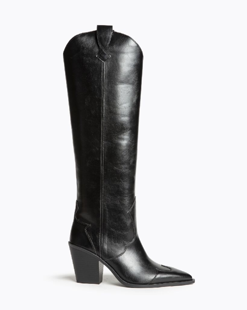 Black Leather Knee-High Boots with Block Heel