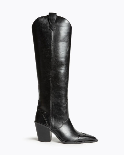 Black Leather Knee-High Boots with Block Heel