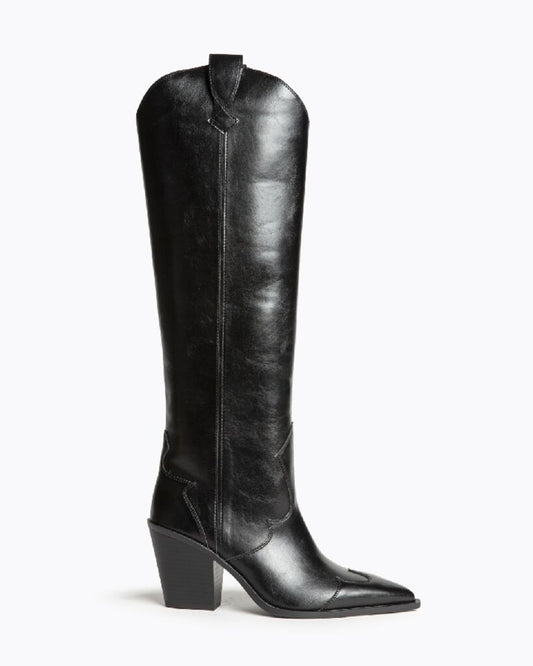 Black Leather Knee-High Boots with Block Heel