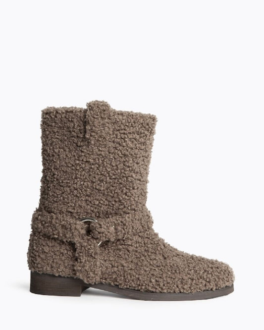 Taupe Textured Mid-Calf Boots with Buckle Detail