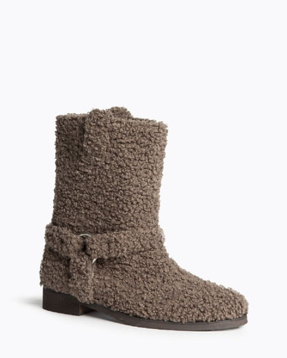 Taupe Textured Mid-Calf Boots with Buckle Detail