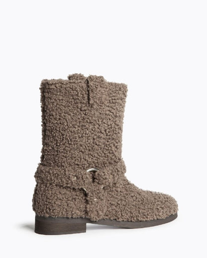 Taupe Textured Mid-Calf Boots with Buckle Detail