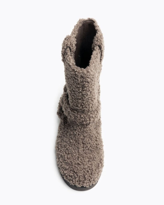 Taupe Textured Mid-Calf Boots with Buckle Detail