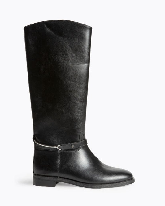 Black Leather Tall Riding Boot with Strap Detail