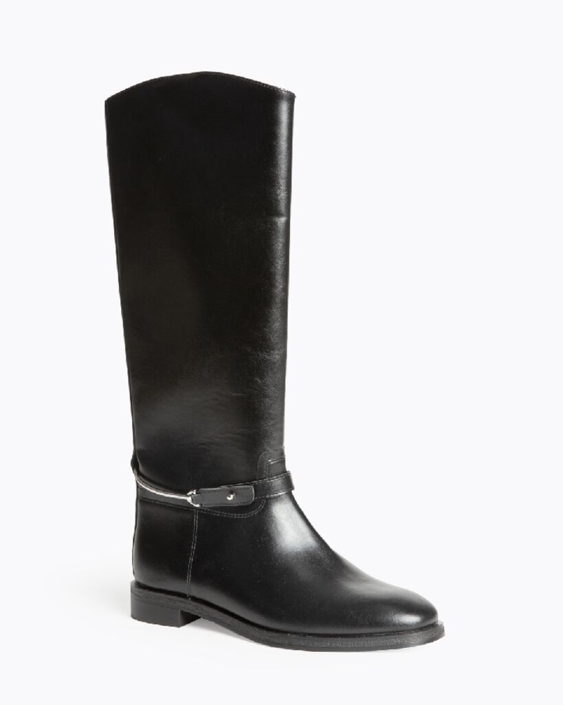 Black Leather Tall Riding Boot with Strap Detail