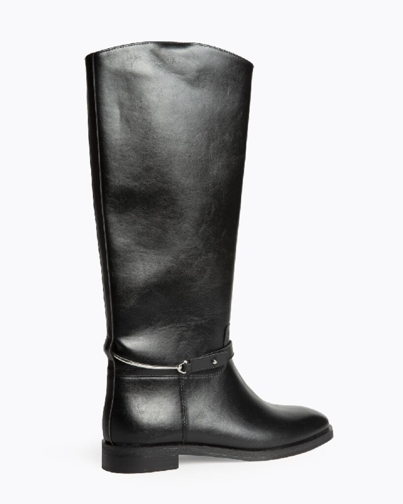 Black Leather Tall Riding Boot with Strap Detail