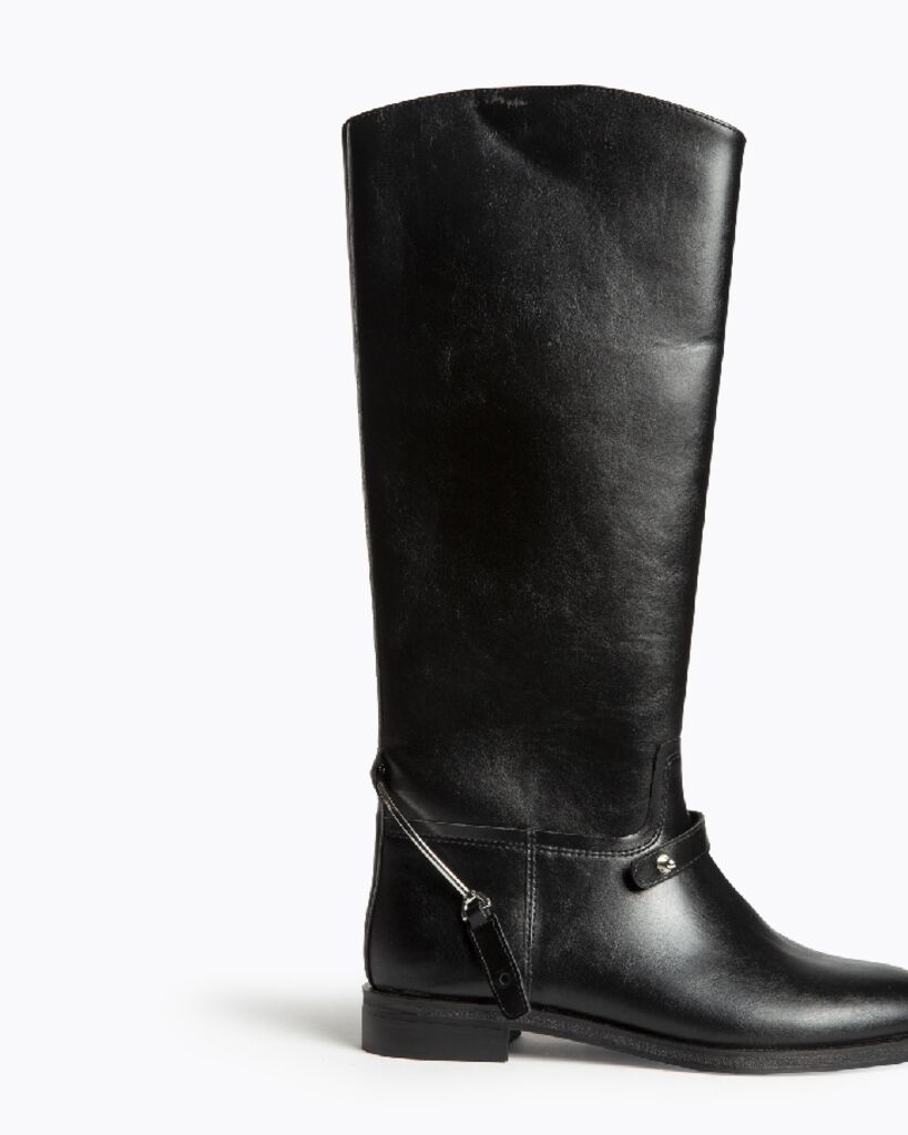 Black Leather Tall Riding Boot with Strap Detail