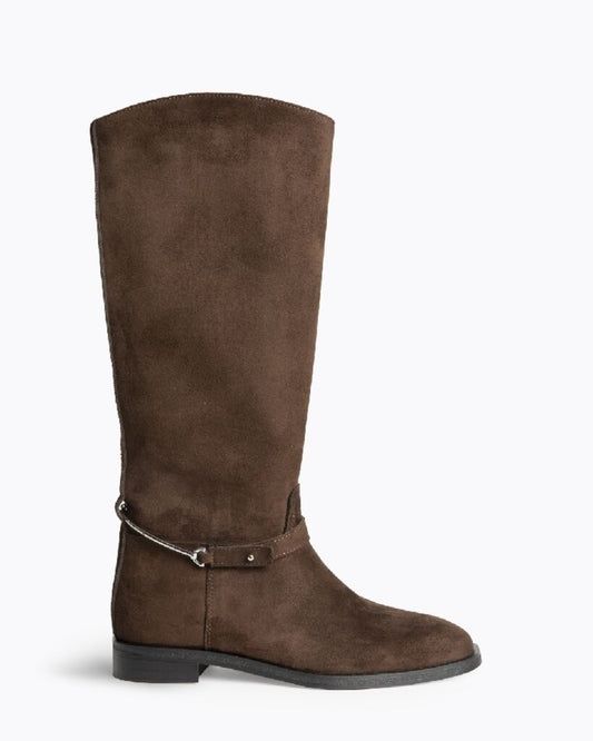 Brown Suede Knee-High Boot with Strap Detail