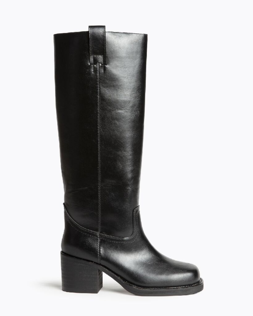 Black Leather Knee High Boots with Block Heel