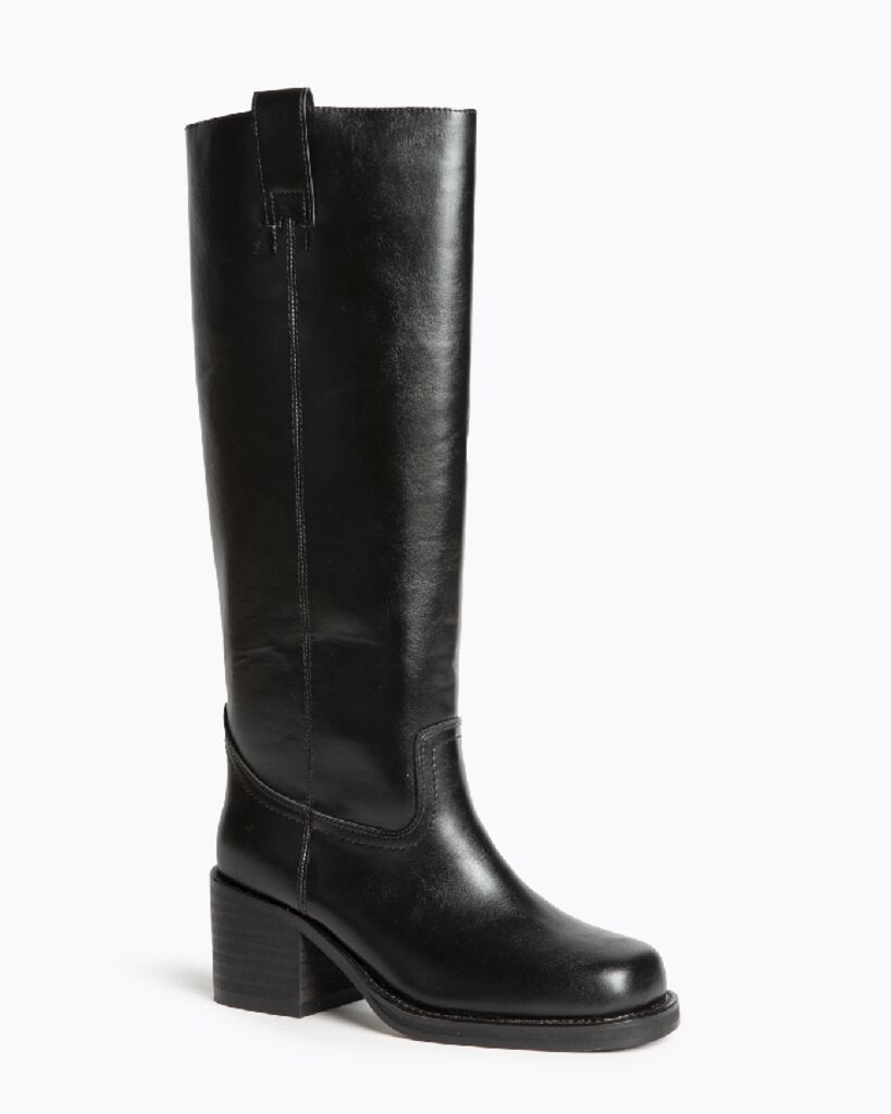 Black Leather Knee High Boots with Block Heel