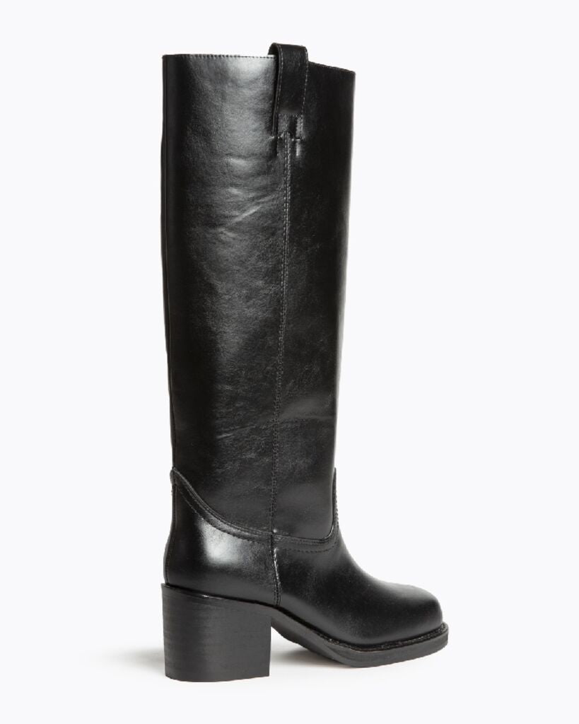 Black Leather Knee High Boots with Block Heel
