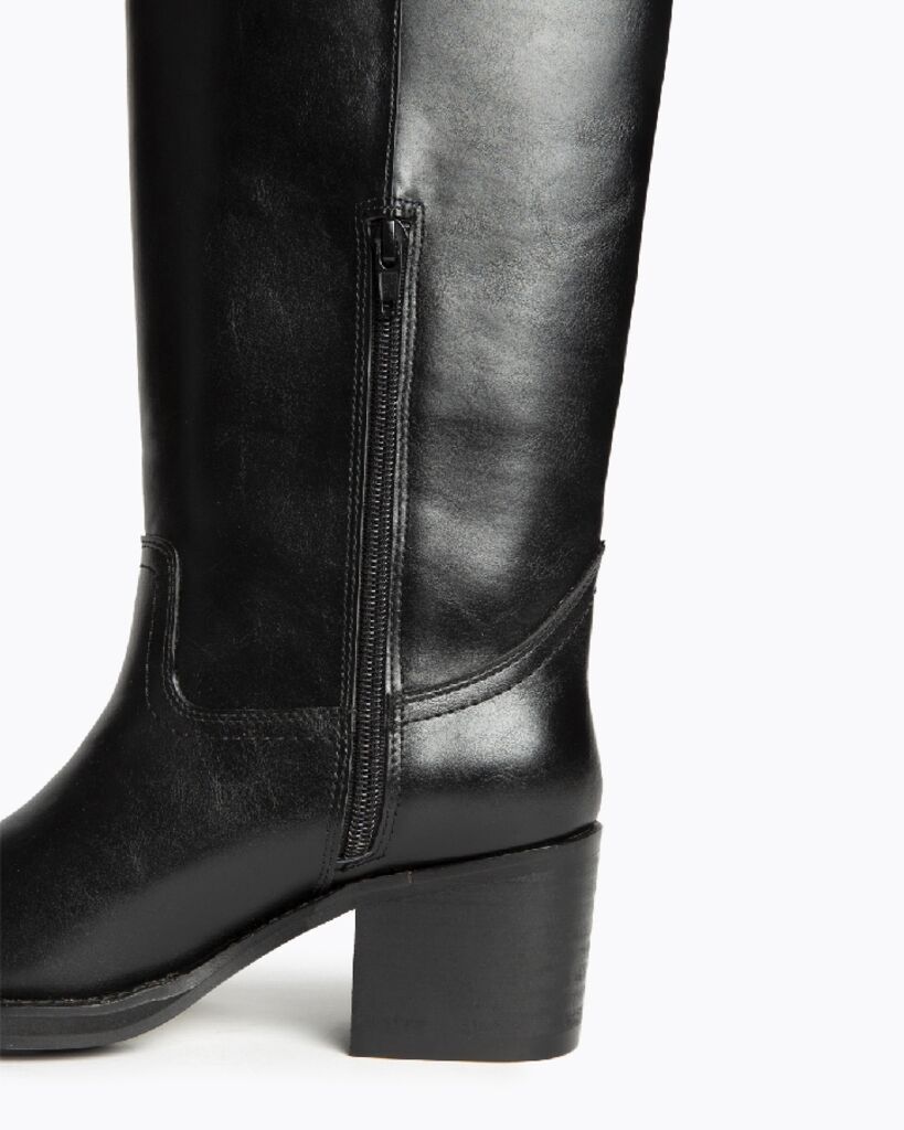 Black Leather Knee High Boots with Block Heel