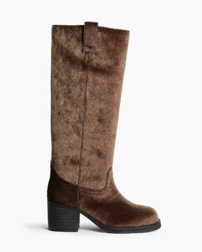Brown Textured Tall Boots with Stacked Heel