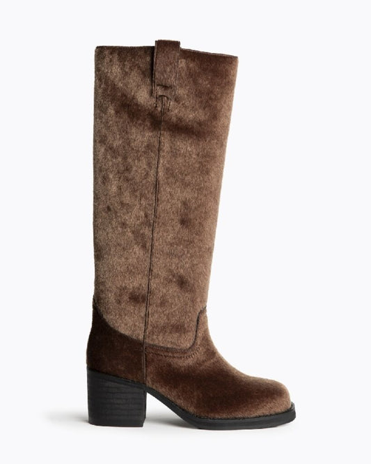 Brown Textured Tall Boots with Stacked Heel