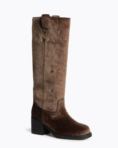Brown Textured Tall Boots with Stacked Heel