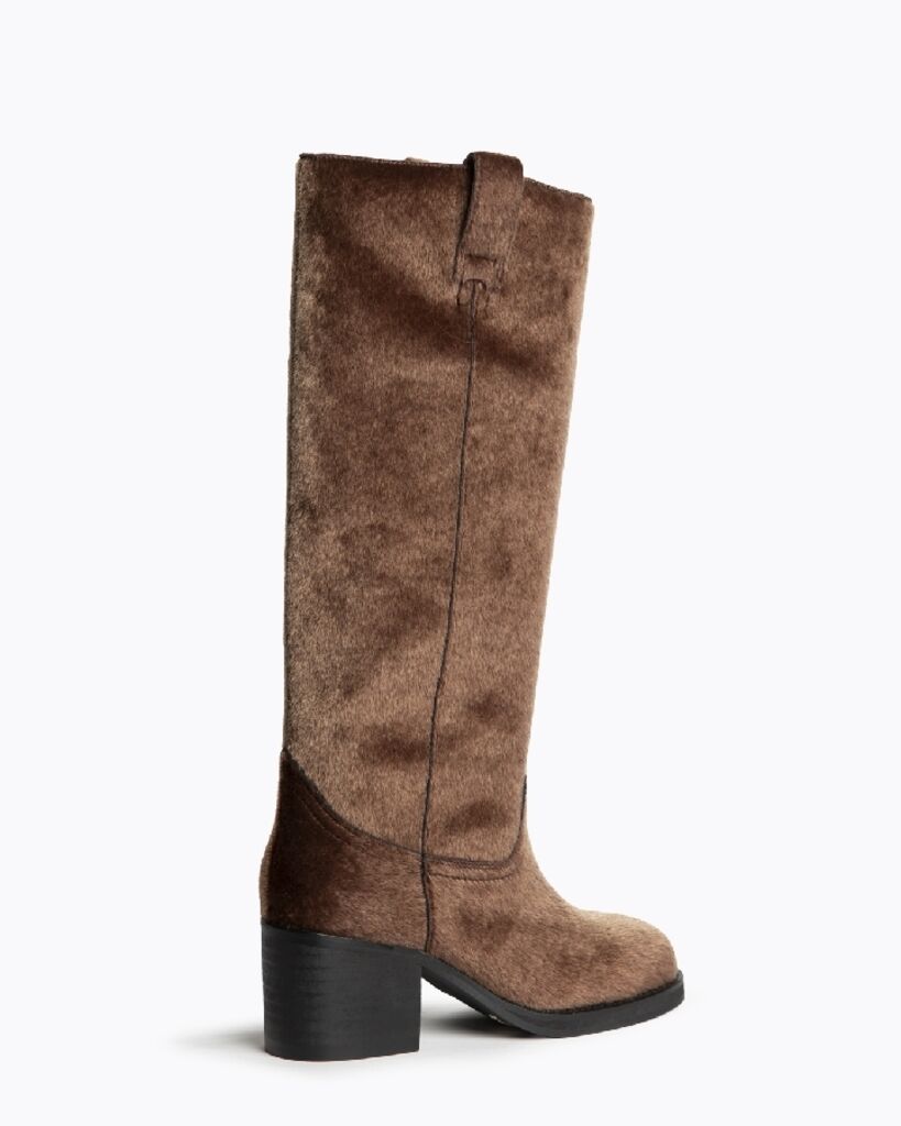 Brown Textured Tall Boots with Stacked Heel