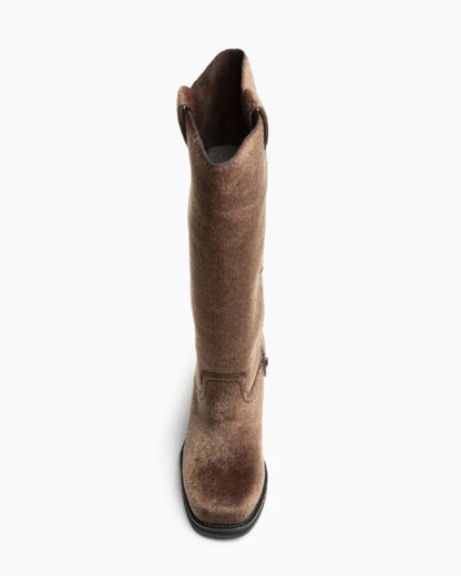 Brown Textured Tall Boots with Stacked Heel