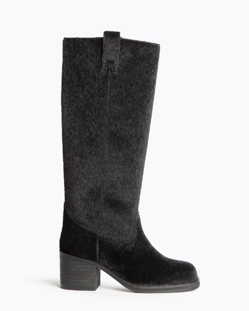 Black Textured Mid-Calf Boots with Block Heel