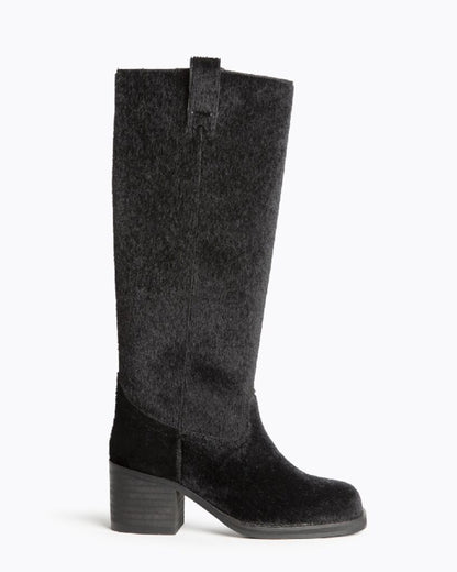 Black Textured Mid-Calf Boots with Block Heel