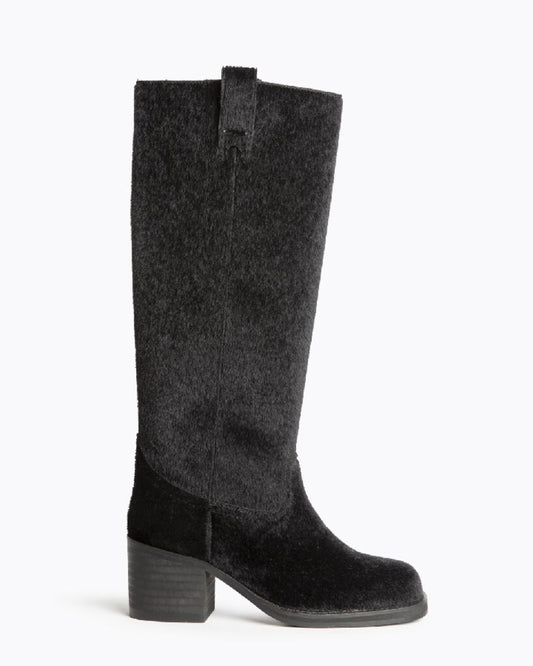 Black Textured Mid-Calf Boots with Block Heel