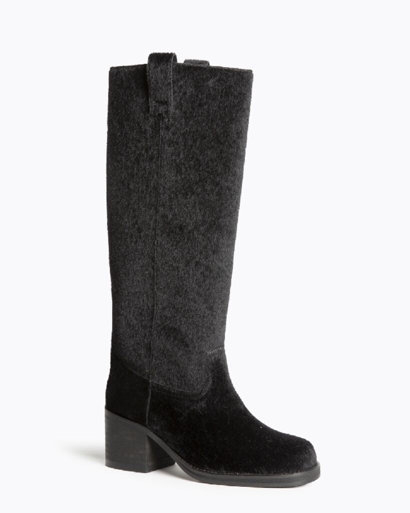 Black Textured Mid-Calf Boots with Block Heel