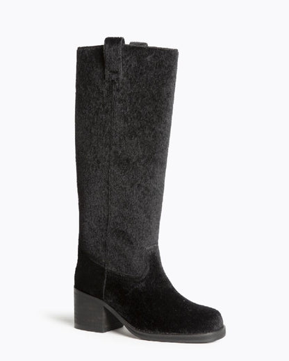 Black Textured Mid-Calf Boots with Block Heel