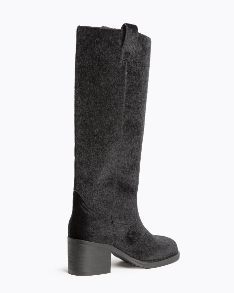 Black Textured Mid-Calf Boots with Block Heel