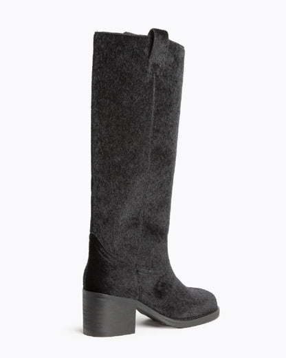 Black Textured Mid-Calf Boots with Block Heel