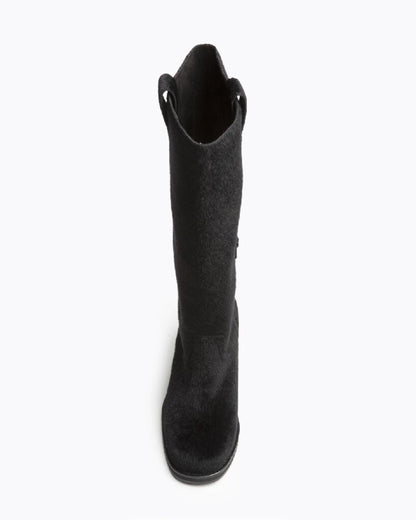 Black Textured Mid-Calf Boots with Block Heel