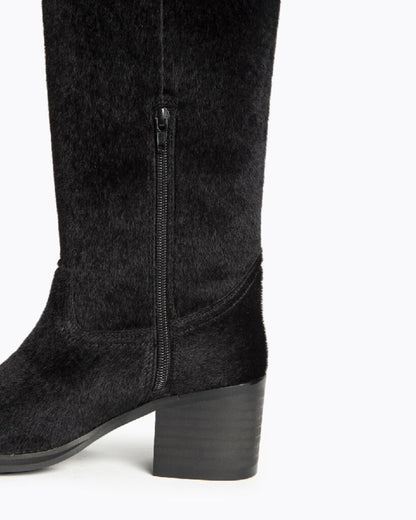 Black Textured Mid-Calf Boots with Block Heel