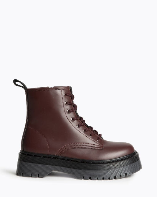 Burgundy Leather Combat Boots with Platform Sole