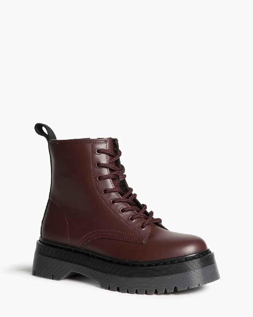 Burgundy Leather Combat Boots with Platform Sole