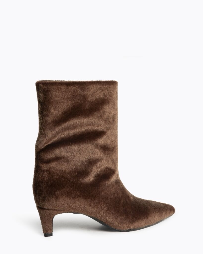 Brown Textured Mid-Calf Boot with Pointed Toe