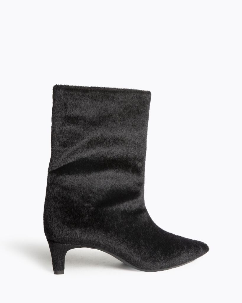 Black Fuzzy Ankle Boots with Kitten Heel