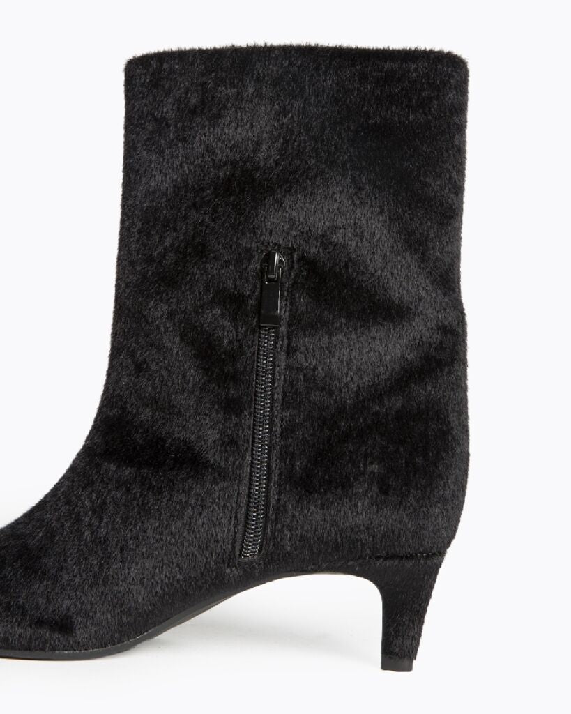 Black Fuzzy Ankle Boots with Kitten Heel