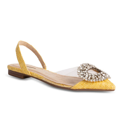 Yellow Textured Slingback Flats with Crystal Detail