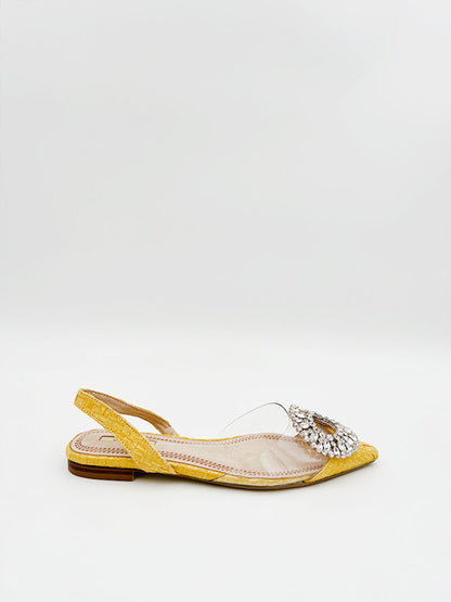 Yellow Textured Slingback Flats with Crystal Detail
