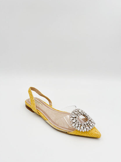 Yellow Textured Slingback Flats with Crystal Detail